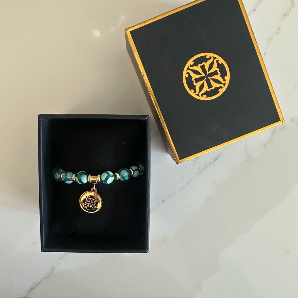 Rustic Cuff Gold Logo Charm and Teal Beaded Bracelet